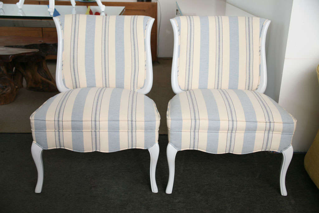 Pair of Reupholstered in light blue stripe cotton with light gray lacquered legs