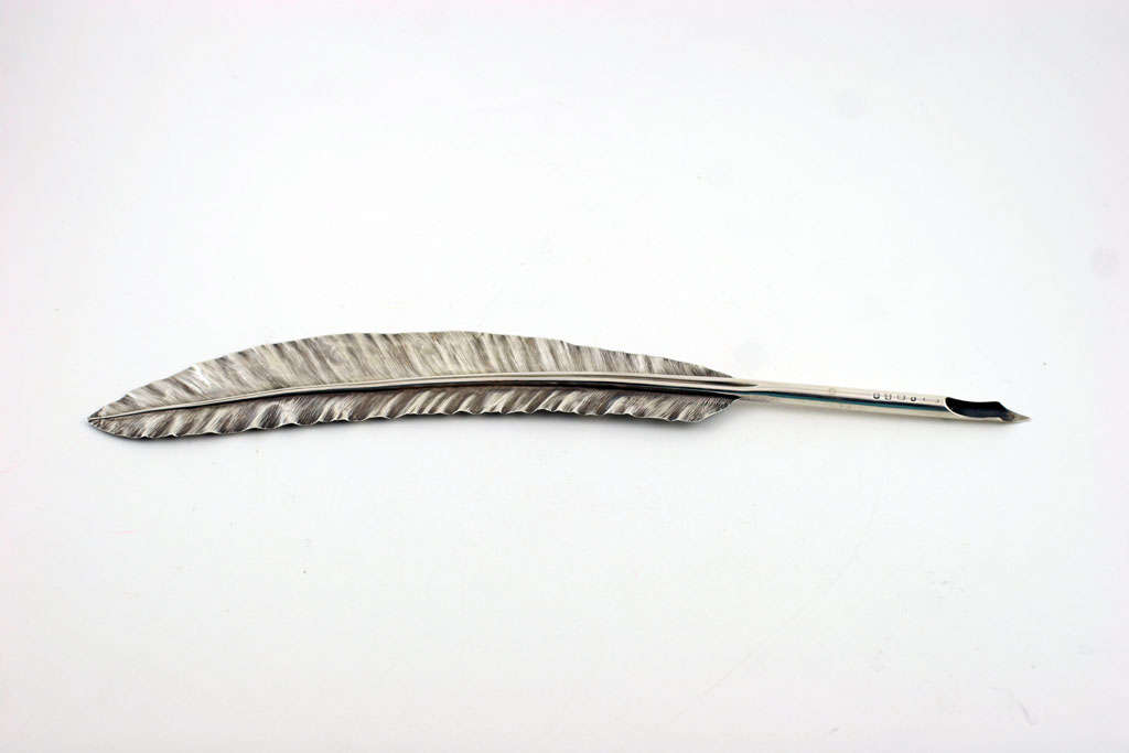 Sterling silver presentation feather quill pen, marked Birmingham, 1863.  Inscribed 