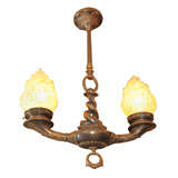 Unusual Two Arm Chandelier with Period Flame Shades