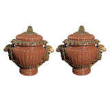 Monumental Pair of French Marble and Bronze Urns
