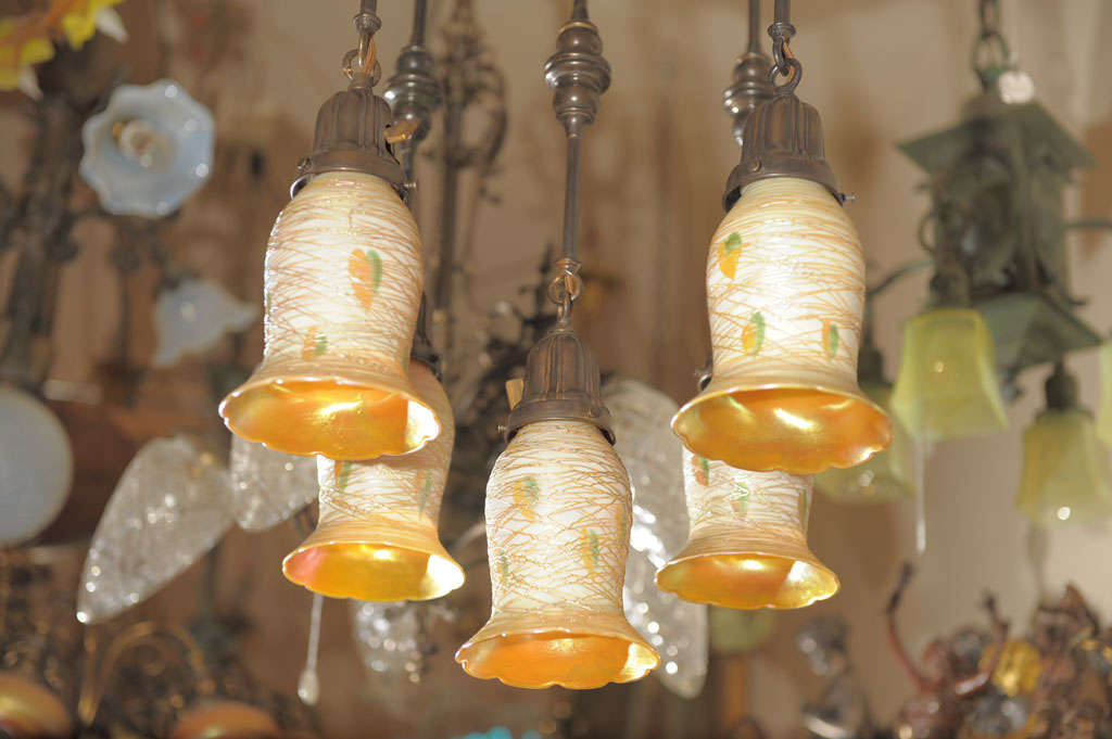 American Five-Arm Chandelier, Quezal Heart and Vine Shades