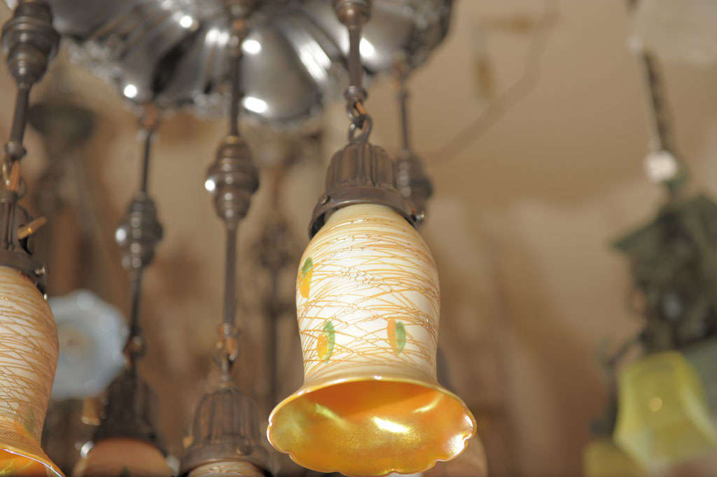 Hand-Crafted Five-Arm Chandelier, Quezal Heart and Vine Shades