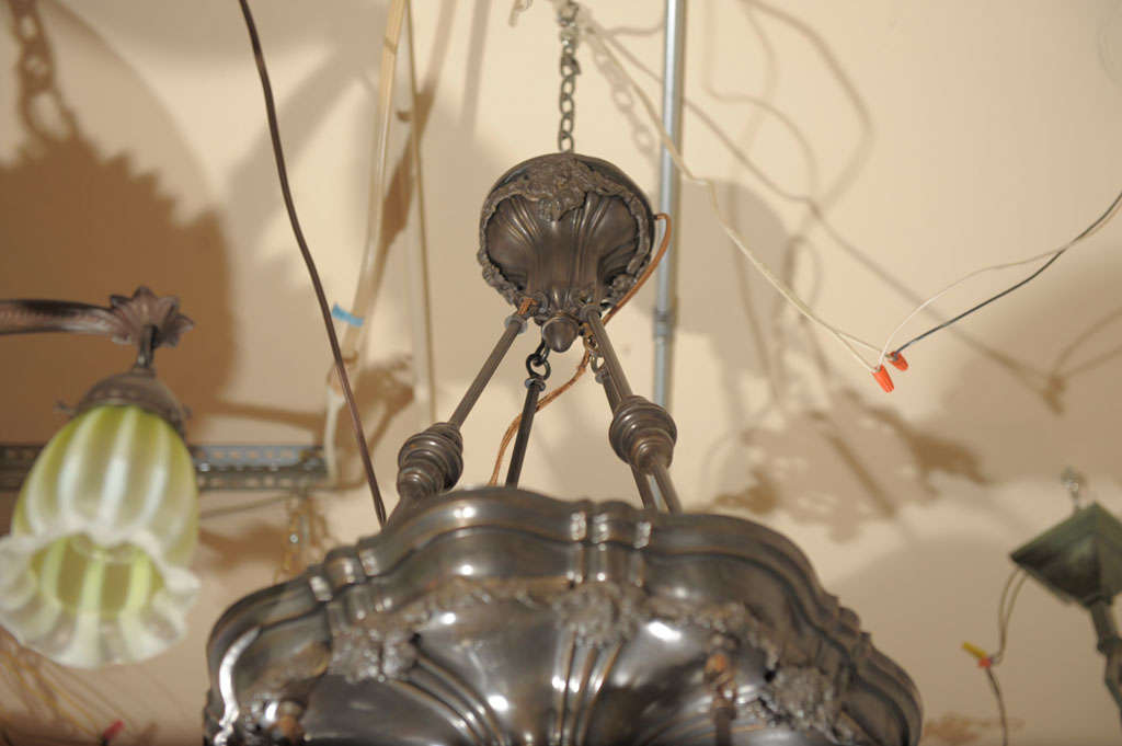 20th Century Five-Arm Chandelier, Quezal Heart and Vine Shades