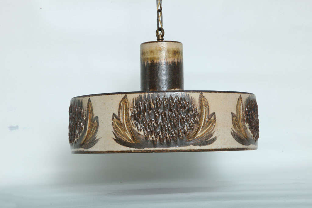 Danish Ceramic Hanging Light Fixture, Painted Flowers