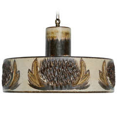Vintage Danish Ceramic Hanging Light Fixture, Painted Flowers