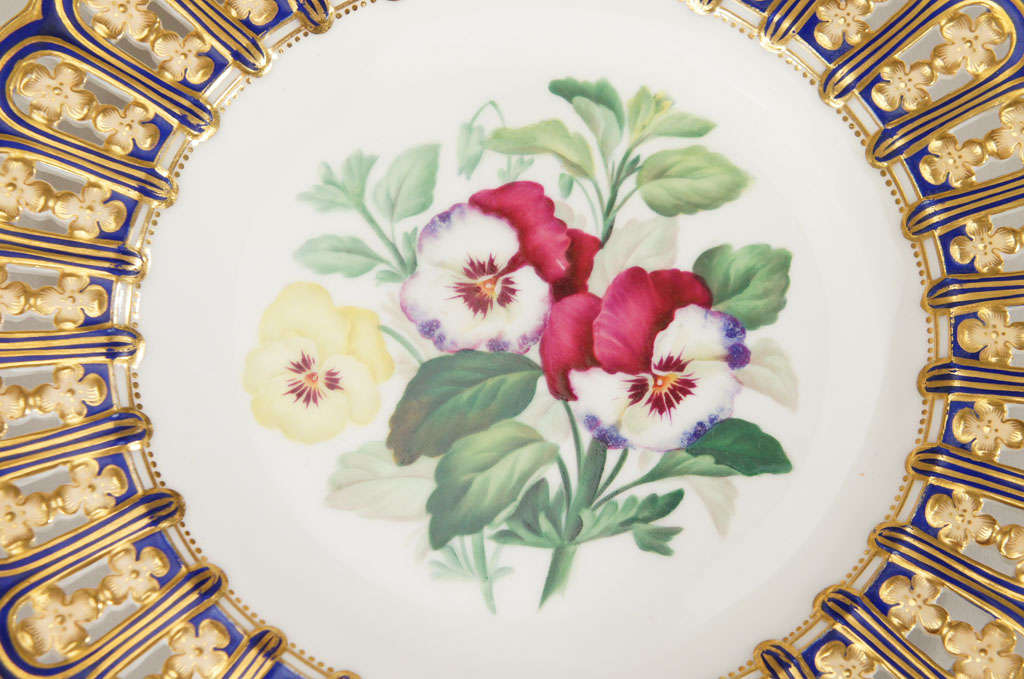 19th C Minton Hand Painted Botanical Pierced Rim Dessert Service For Sale 1