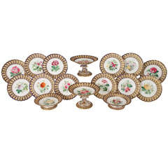 19th C Minton Hand Painted Botanical Pierced Rim Dessert Service 6