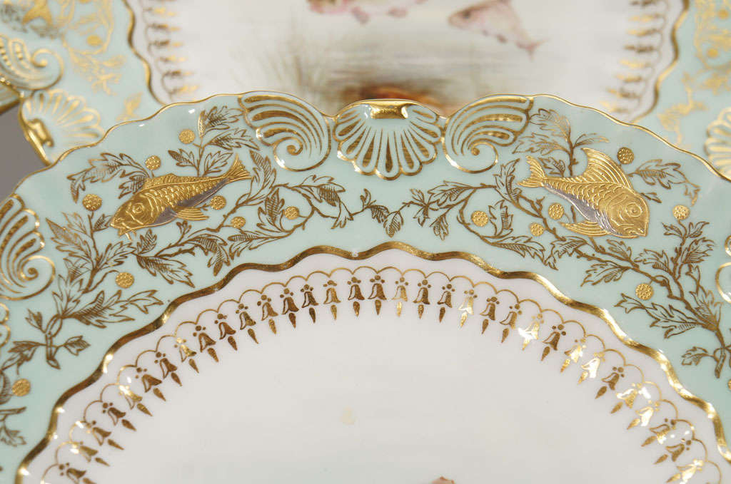 English 12 Coalport Hand Painted Fish Plates w/ Raised Paste Gold