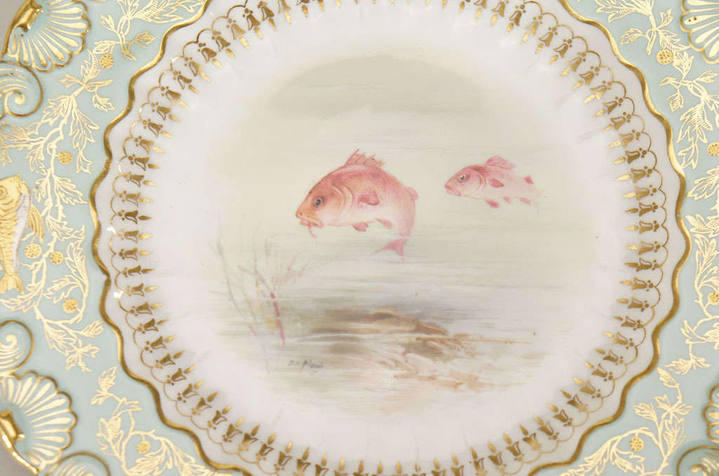 19th Century 12 Coalport Hand Painted Fish Plates w/ Raised Paste Gold