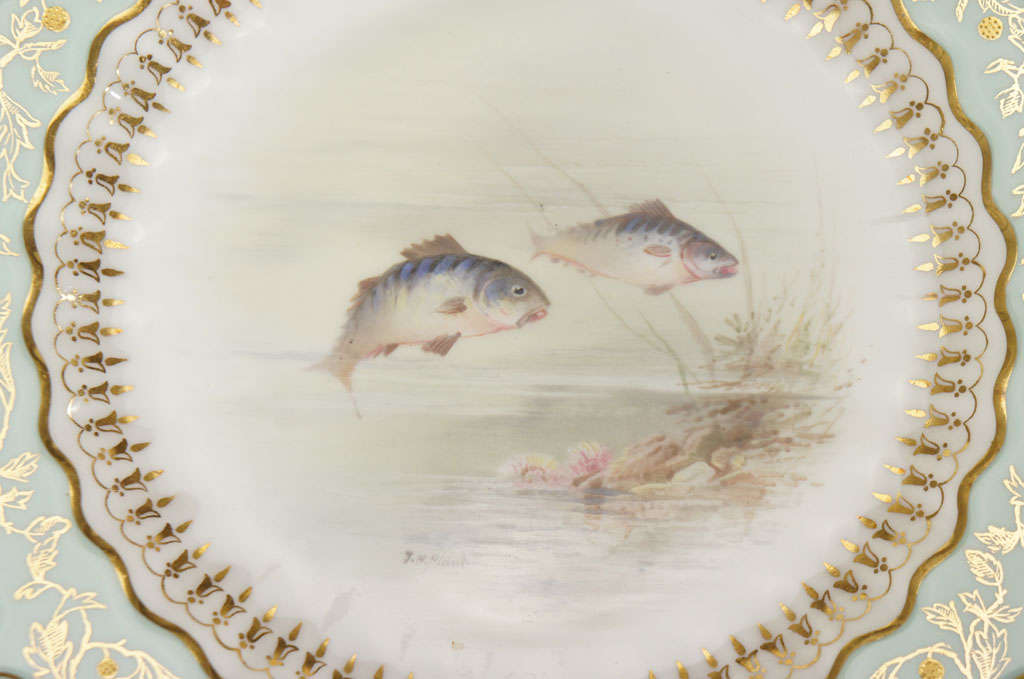Porcelain 12 Coalport Hand Painted Fish Plates w/ Raised Paste Gold