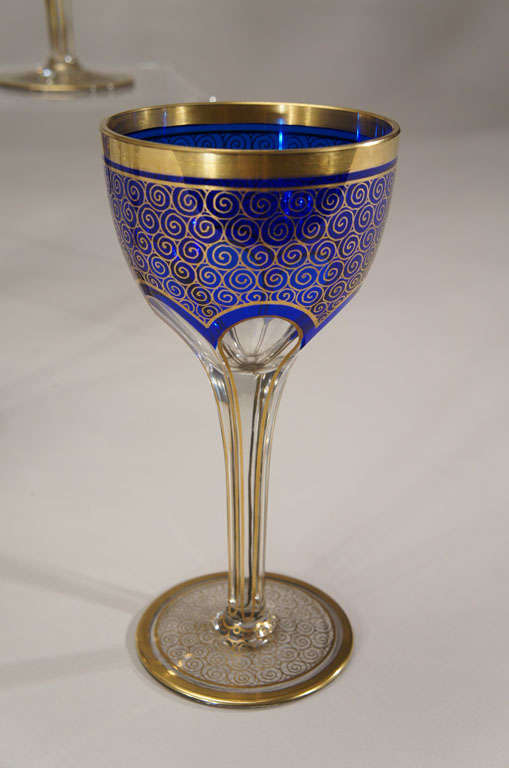 Czech 12 Bohemian / Moser Cobalt Cut to Clear Wine Goblets with Gold Enamel