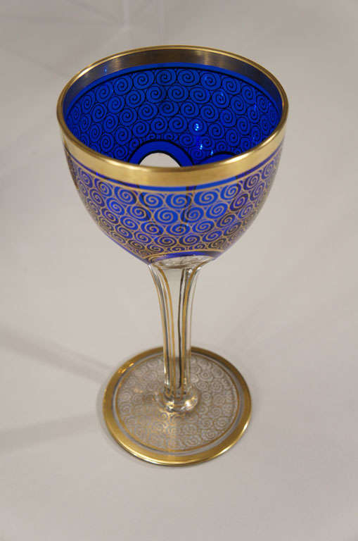 12 Bohemian / Moser Cobalt Cut to Clear Wine Goblets with Gold Enamel In Excellent Condition In Great Barrington, MA