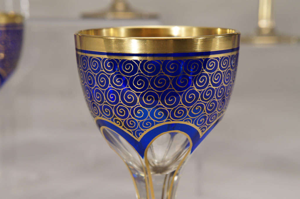 20th Century 12 Bohemian / Moser Cobalt Cut to Clear Wine Goblets with Gold Enamel