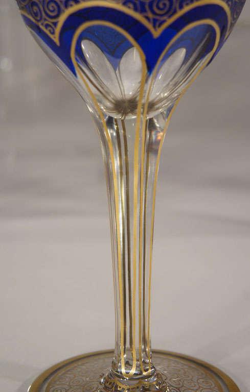 12 Bohemian / Moser Cobalt Cut to Clear Wine Goblets with Gold Enamel 1