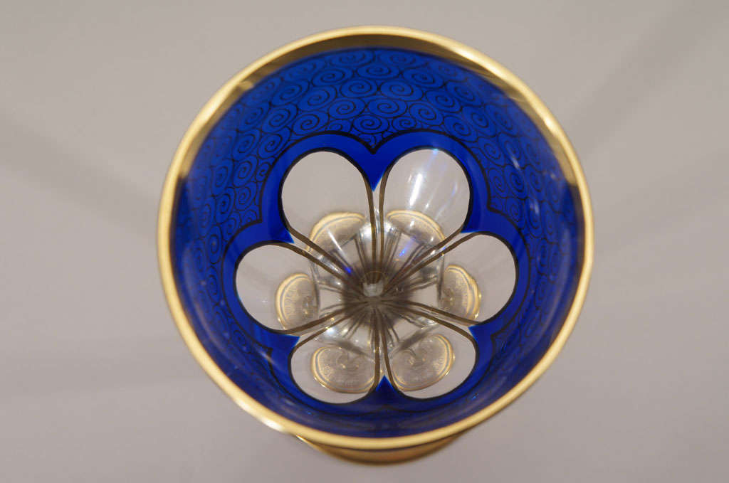 12 Bohemian / Moser Cobalt Cut to Clear Wine Goblets with Gold Enamel 2