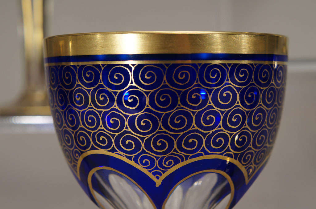 12 Bohemian / Moser Cobalt Cut to Clear Wine Goblets with Gold Enamel 3