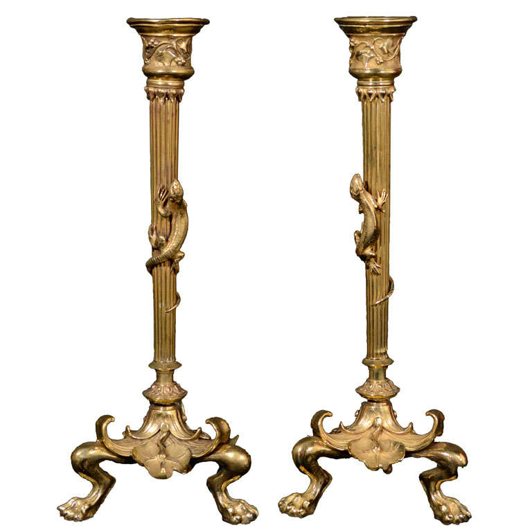 Gilt Bronze One Light Candlesticks with Paw Foot Base