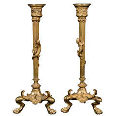 Gilt Bronze One Light Candlesticks with Paw Foot Base