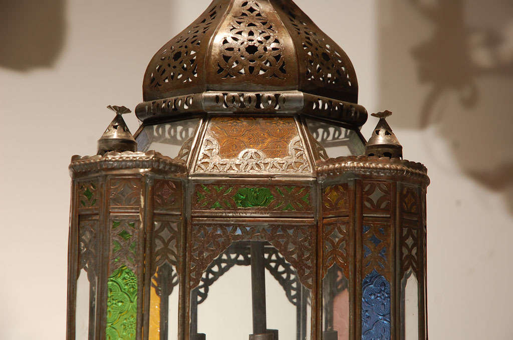 Hammered Moroccan Moorish Light Fixture with Colored Glass