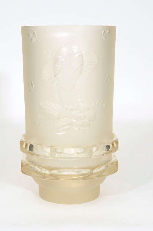 French Art Deco etched  & cut glass vase