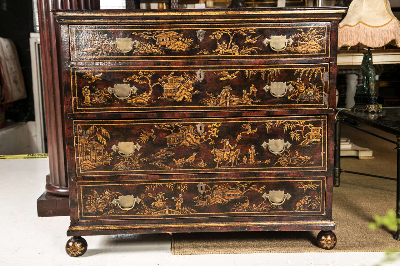 Early 18th C English chest of drawers with later japanned decoration.