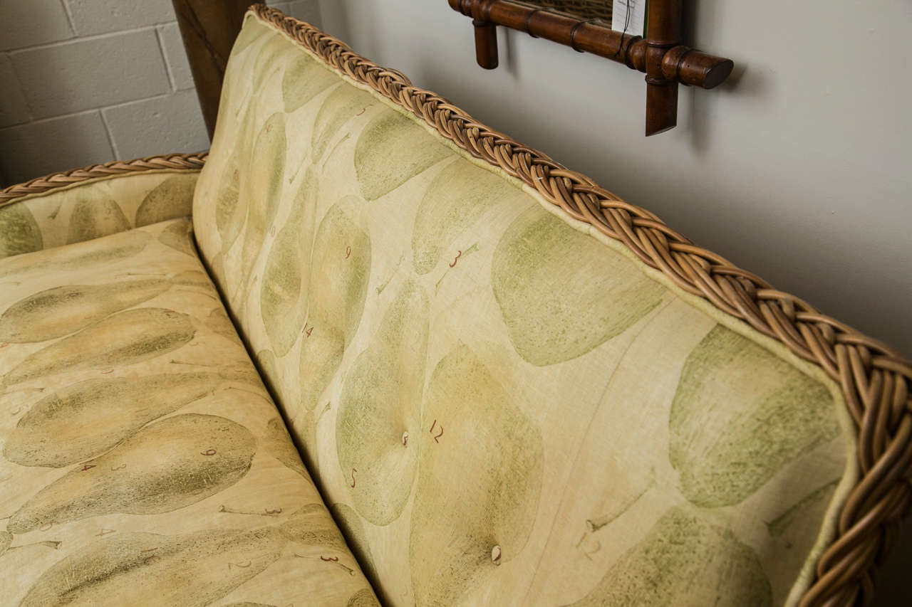 20th Century Wicker Works Rattan Sofa With Belgin Linen Upholstery