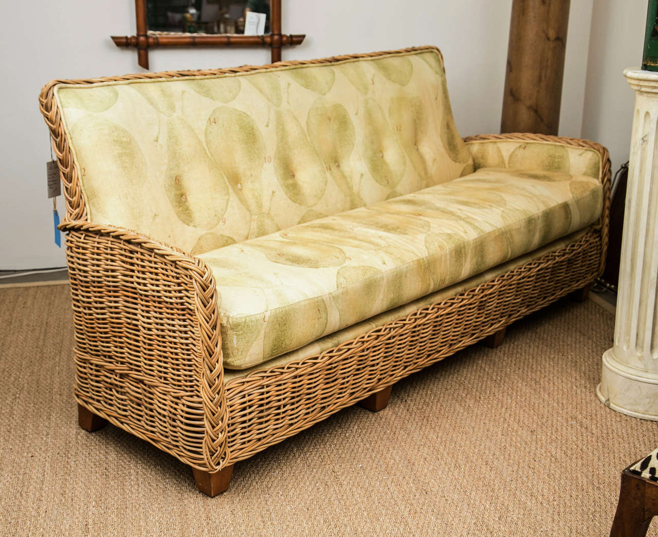 Wicker Works Rattan Sofa With Belgin Linen Upholstery 1