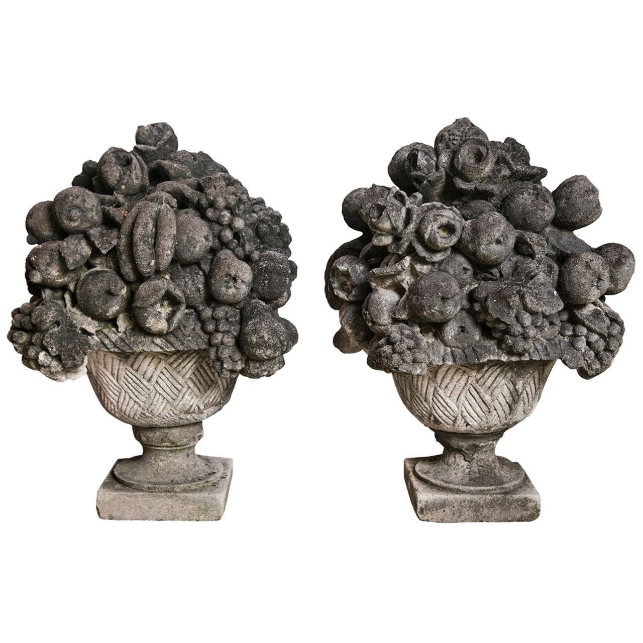 1920
s Pair of Continental Limestone Baskets with Fruit