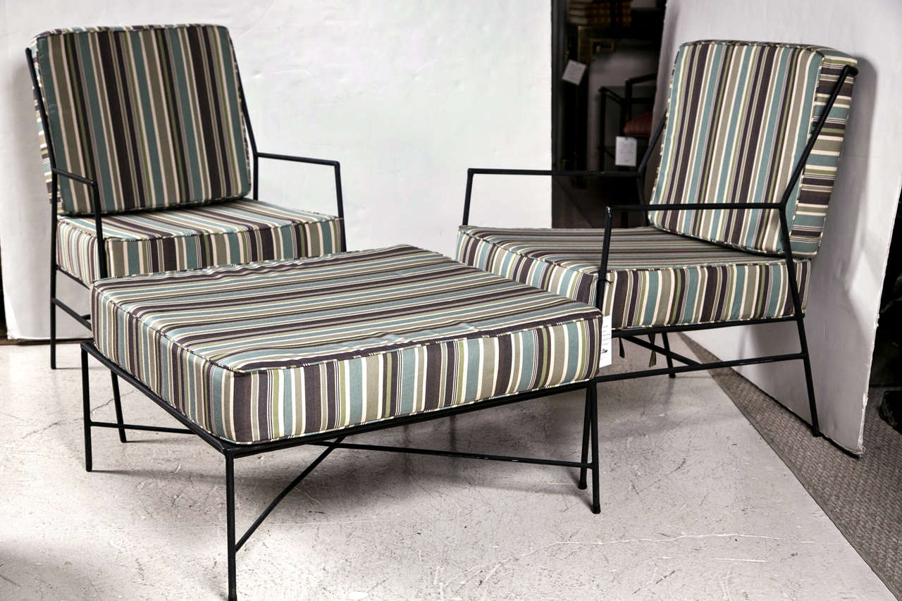 Suite of Iron Furniture- Two chairs and an Ottoman

Chairs 23x27x31H
30sqx 17 H