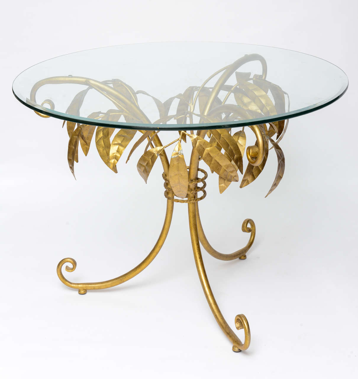 Mid-Century Table with Gilt Metal Palm Leaves & Beveled Round Glass Top
