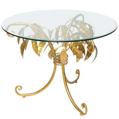 Mid-Century Table with Gilt Metal Palm Leaves & Beveled Round Glass Top