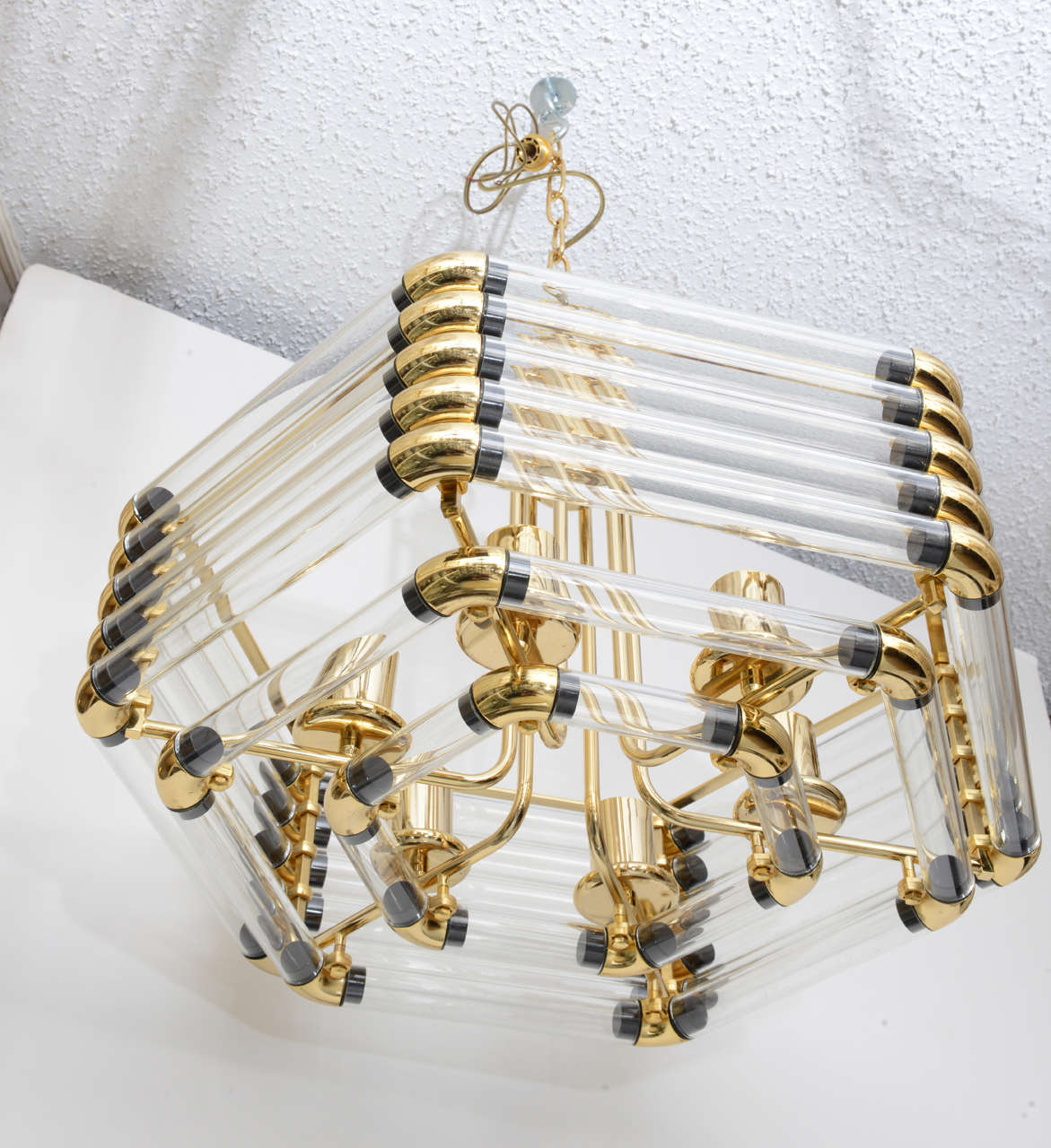 Stuning Scolari Era Octagonal Shape Brass and Glass Tube Chandelier at