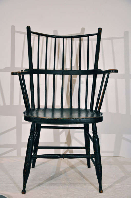 18th Century Extended Arm Windsor Chair in Original Black Paint