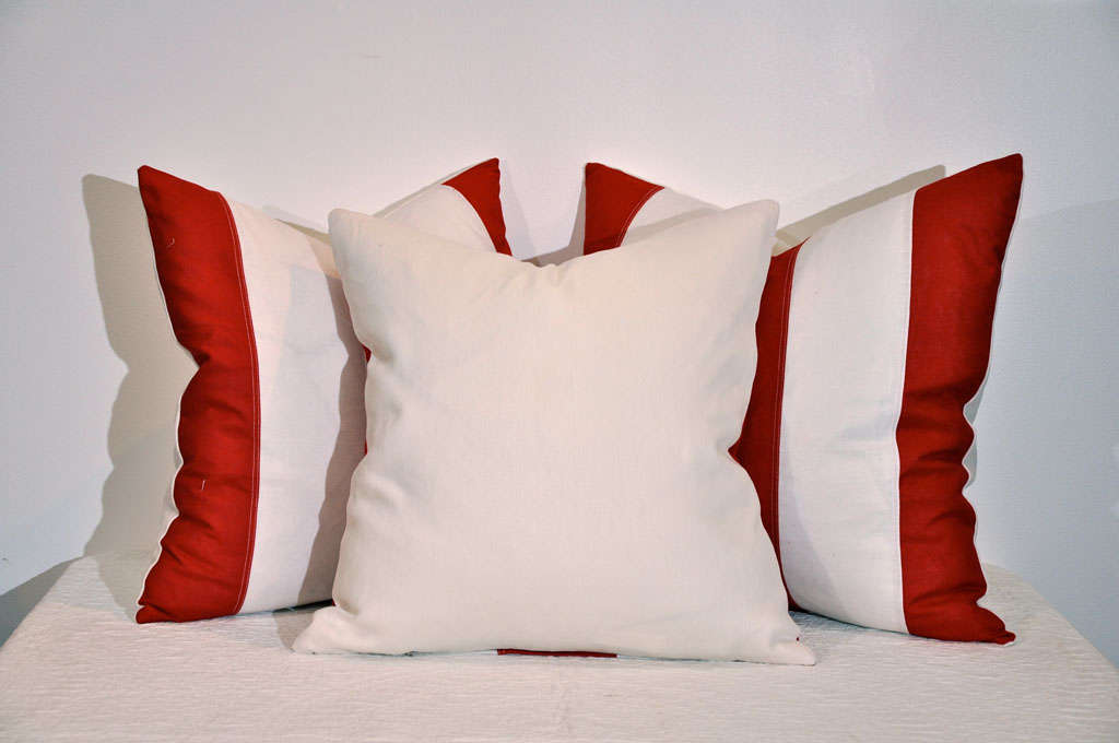 American EARLY 20THC RED & WHITE FLAG MATERIAL STRIPED PILLOWS