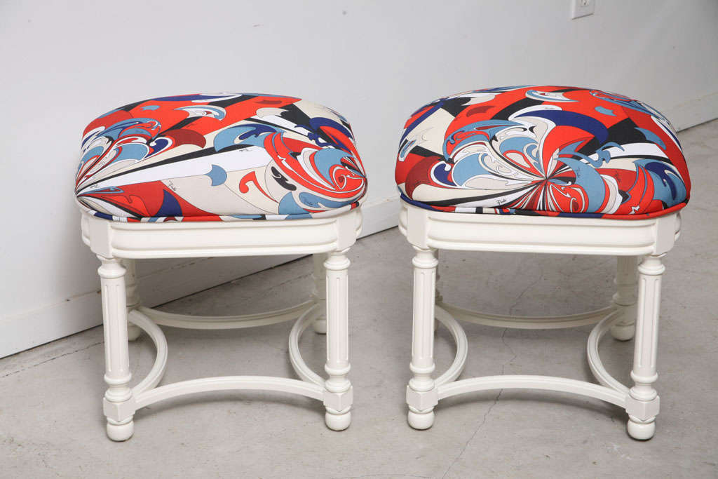 American Pair Of Chic 60's Lacqered Stools Original Pucci Fabric