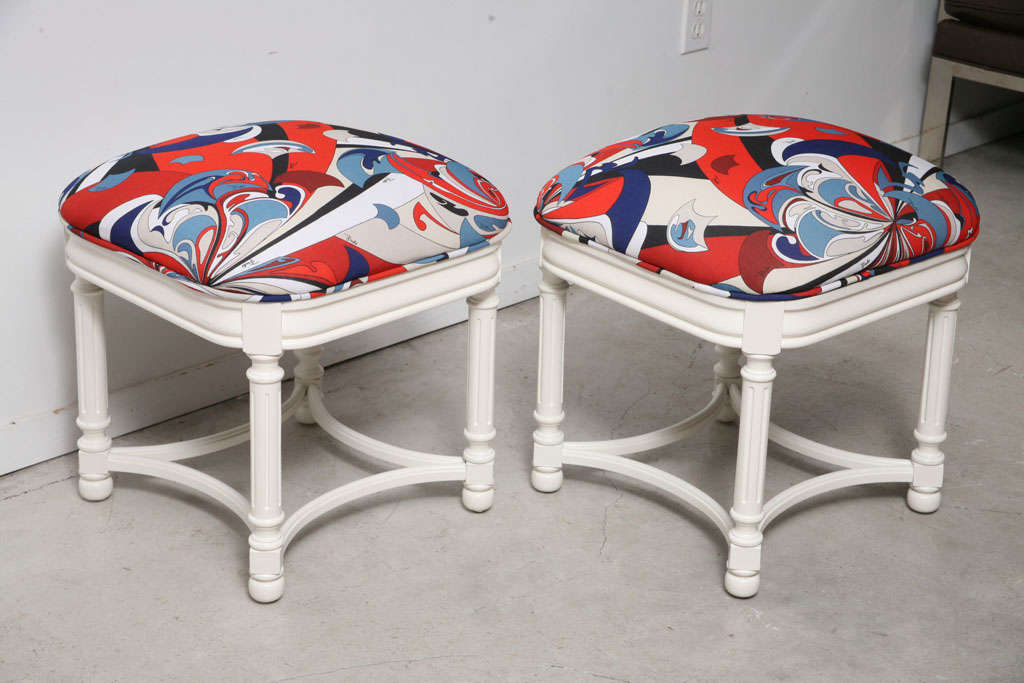A PAIR OF BEAUTIFULL 1960,S VINTAGE STOOLS LACQUERED IN A SATIN WHITE FINISH ,REUPHULSTERED IN ORIGINAL RICH EMILIO PUCCI FABRIC.