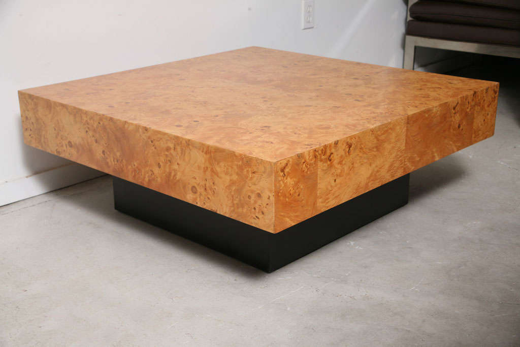 MADE WITH WOOD AND A RICH BURLWOOD VENEER,  SQUARE SHAPED BURL TOP SITS ON A DARK MOCHA PROPORTIONALLY SIZED WOOD PEDESTAL. TABLE HAS BEEN REFURBISHED BACK TO ITS ORIGINAL CONDITION.