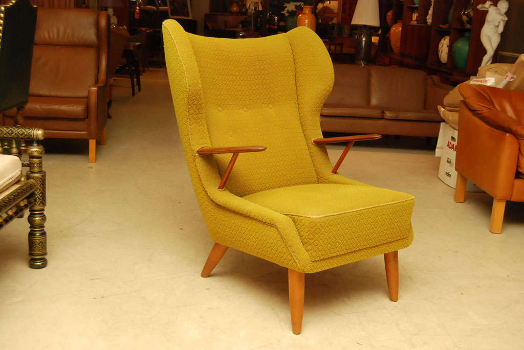 Danish modern wing-back chair, teakwood frame, original upholstery in pale yellow/green wool