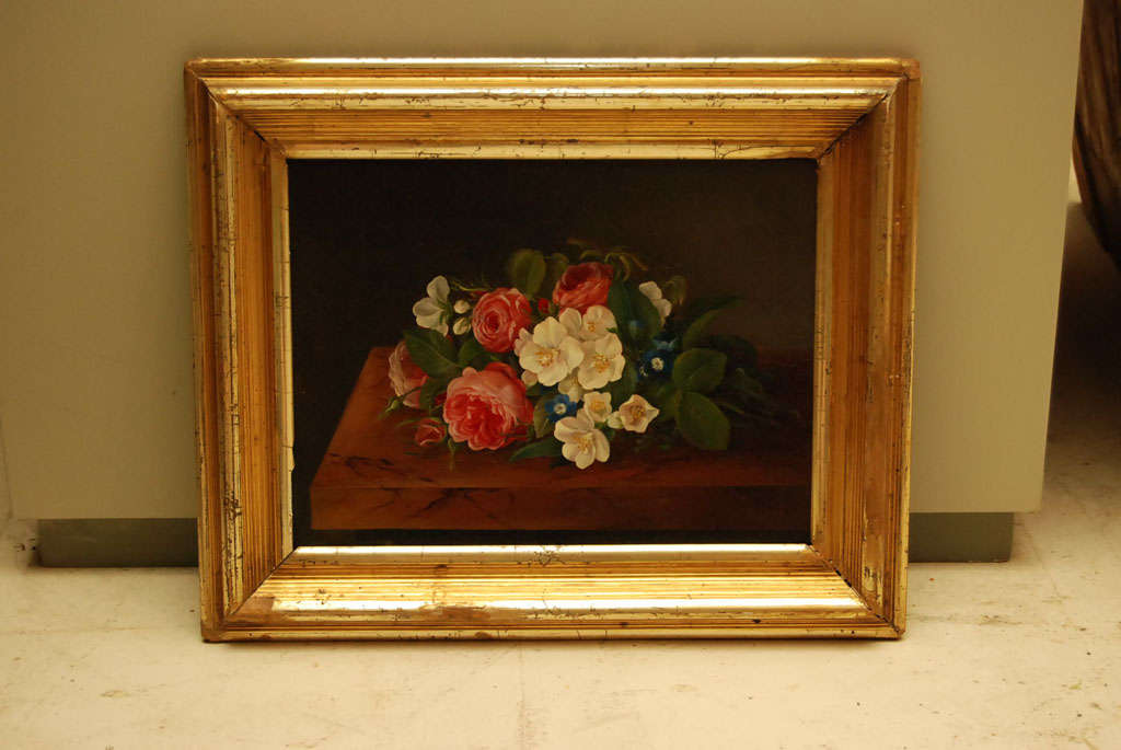 Classic small still life flower painting from Denmark, I.L. Jensen school, 1st half 19th century.  These small high quality paintings of flowers are highly sought after in Scandinavia (and elsewhere).  Orginal frame