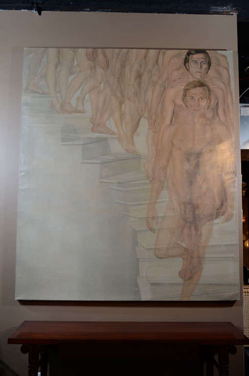 Nu masculin descendant un escalier, très grande huile sur toile signée Patti Hansen, 1976. Non encadré.