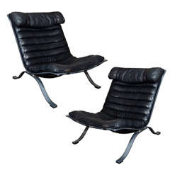 Arne Norell Leather and Steel Lounge Chairs
