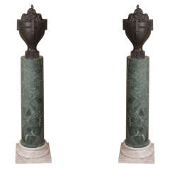 Pair of Marble Columns with Art Deco Urns