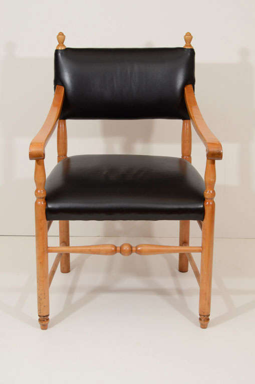 Of the Renaissance Revival period with clean Scandinavian overtones, the golden birch frame features a recently reupholstered black leather seat and back.