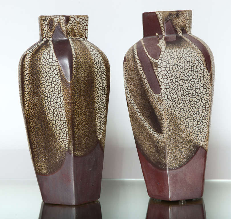 French Shagreen Glaze Art Deco Ceramic Vases by Jean Pointu