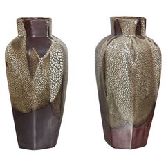 Shagreen Glaze Art Deco Ceramic Vases by Jean Pointu