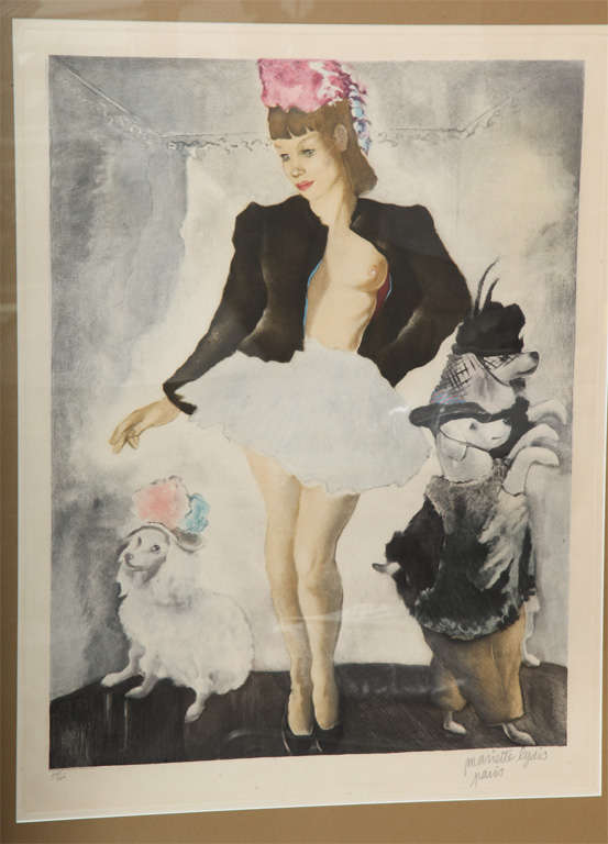 A signed and numbered silver framed lithograph by Mariette Lydis of girl and dancing dogs 148/200