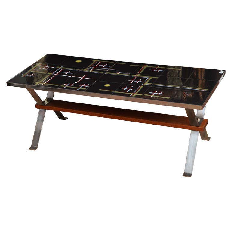 Vintage Artist Signed Ceramic and Chrome Tile Table at 1stDibs