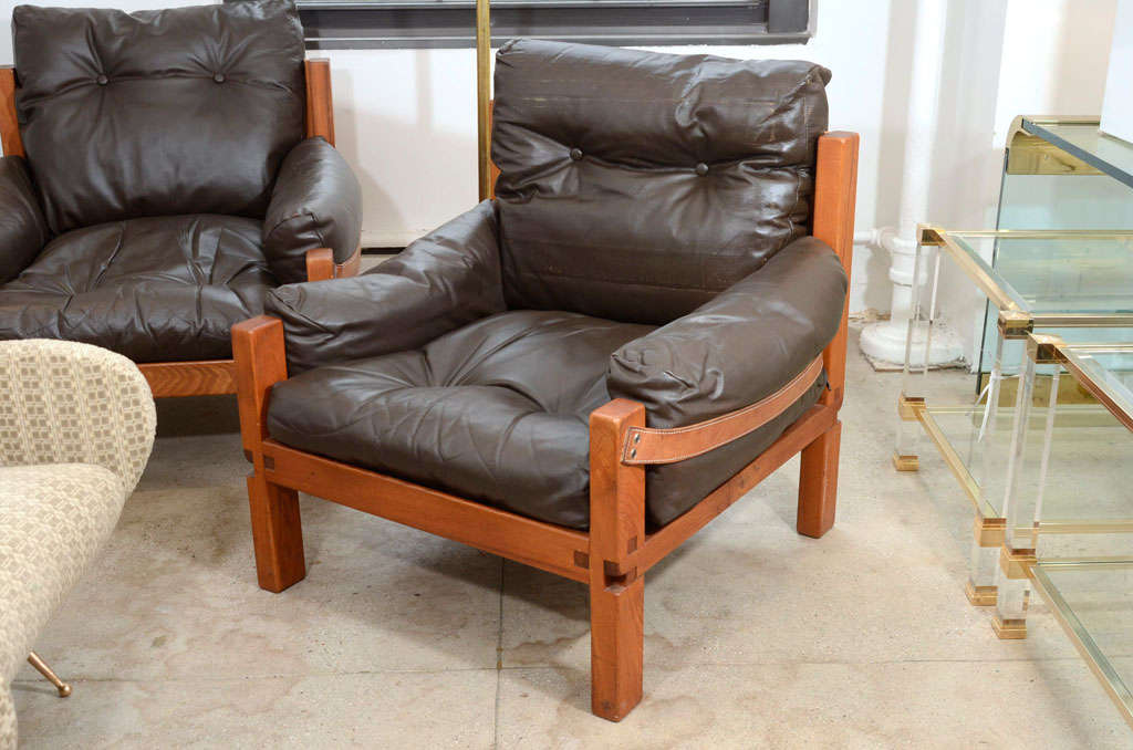 French Pierre Chapo Pair Leather Lounge Chairs