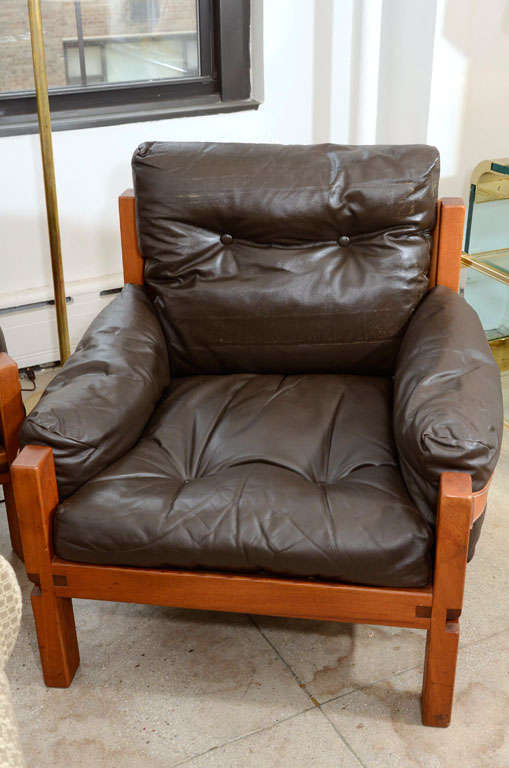 Mid-20th Century Pierre Chapo Pair Leather Lounge Chairs