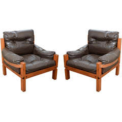 Pierre Chapo Pair Leather Lounge Chairs